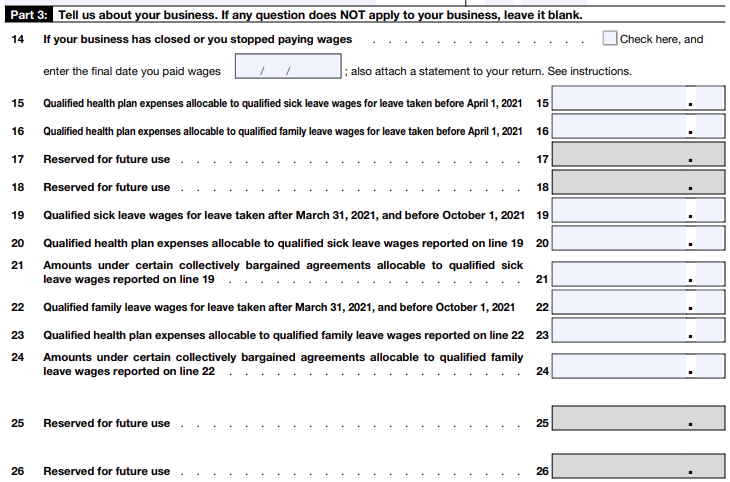 Determine if you're a monthly or semiweekly schedule depositor. If monthly, enter your tax liability for each month of the year. If semiweekly, check the appropriate box and complete Schedule B (Form 941).  Step 6: Fill Out Part 3 - Tell us about your business (only if applicable)