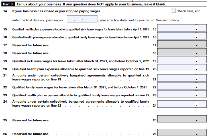 Determine if you're a monthly or semiweekly schedule depositor. If monthly, enter your tax liability for each month of the year. If semiweekly, check the appropriate box and complete Schedule B (Form 941). Step 6: Fill Out Part 3 - Tell us about your business (only if applicable) Determine if you're a monthly or semiweekly schedule depositor. If monthly, enter your tax liability for each month of the year. If semiweekly, check the appropriate box and complete Schedule B (Form 941). Step 6: Fill Out Part 3 - Tell us about your business (only if applicable)