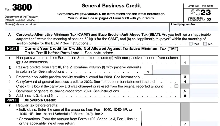 General Business Credit, Form 3800