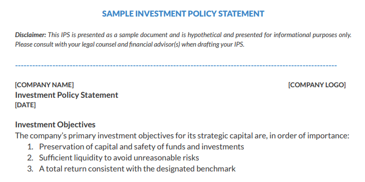 startup cash investment policy statement