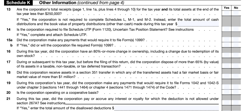 Form 1120 Schedule K Lines 13 - 21