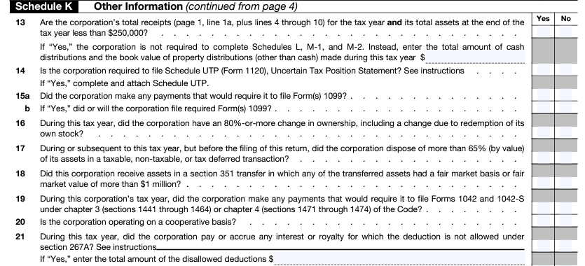 Form 1120 Schedule K Lines 13 - 21 Form 1120 Schedule K Lines 13 - 21