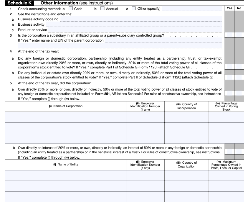 Form 1120 Schedule K Lines 1 - 5