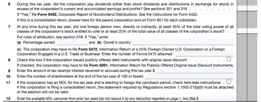 Form 1120 Schedule K Lines 6 - 12